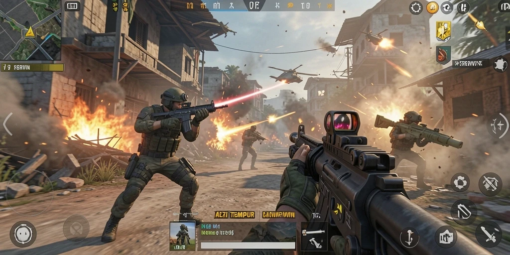 Tampilan gameplay INTERWIN menampilkan aksi tembak-menembak yang seru.