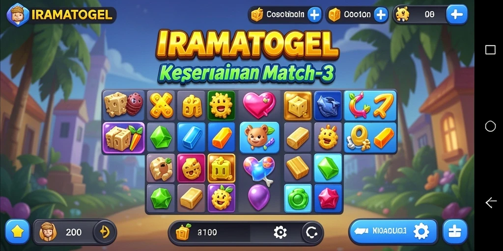 Screenshot menunjukkan pemain mencocokkan elemen warna-warni dalam IRAMATOGEL.