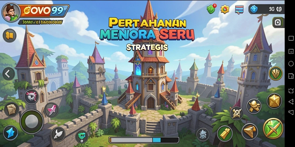 Tampilan gameplay OVO99 dengan strategi menara yang menantang.
