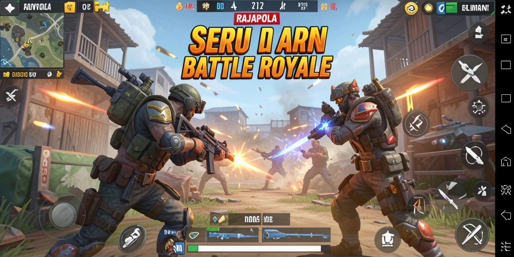 Screenshot utama RAJAPOLA menampilkan aksi intens dalam pertempuran Battle Royale.
