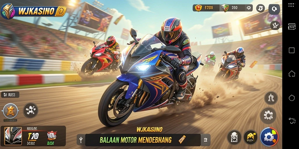 Screenshot gameplay WJKASINO menampilkan aksi balapan motor yang mendebarkan.